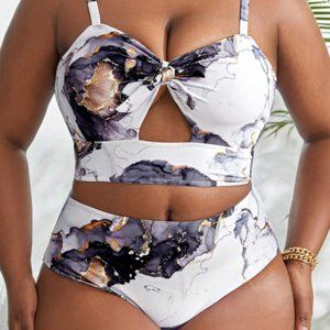 NWOT SHEIN Swim Vcay Plus Marble Print Cut Out Bikini